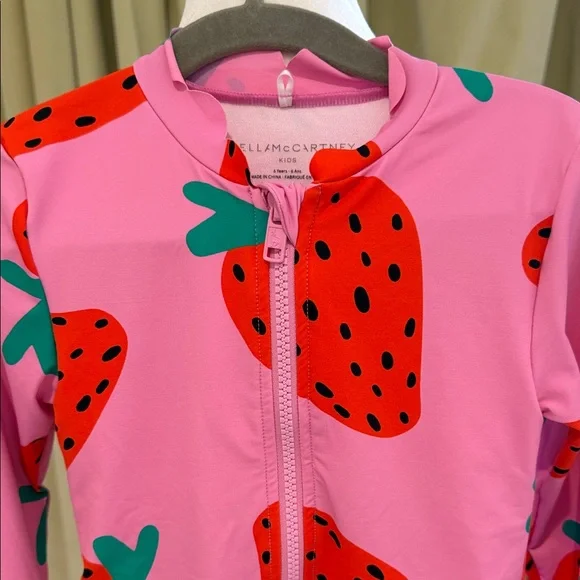 Stella McCartney Kids - Pink Strawberry Print Long Sleeve Swimsuit - Size: 6Y - Picture 2 of 10